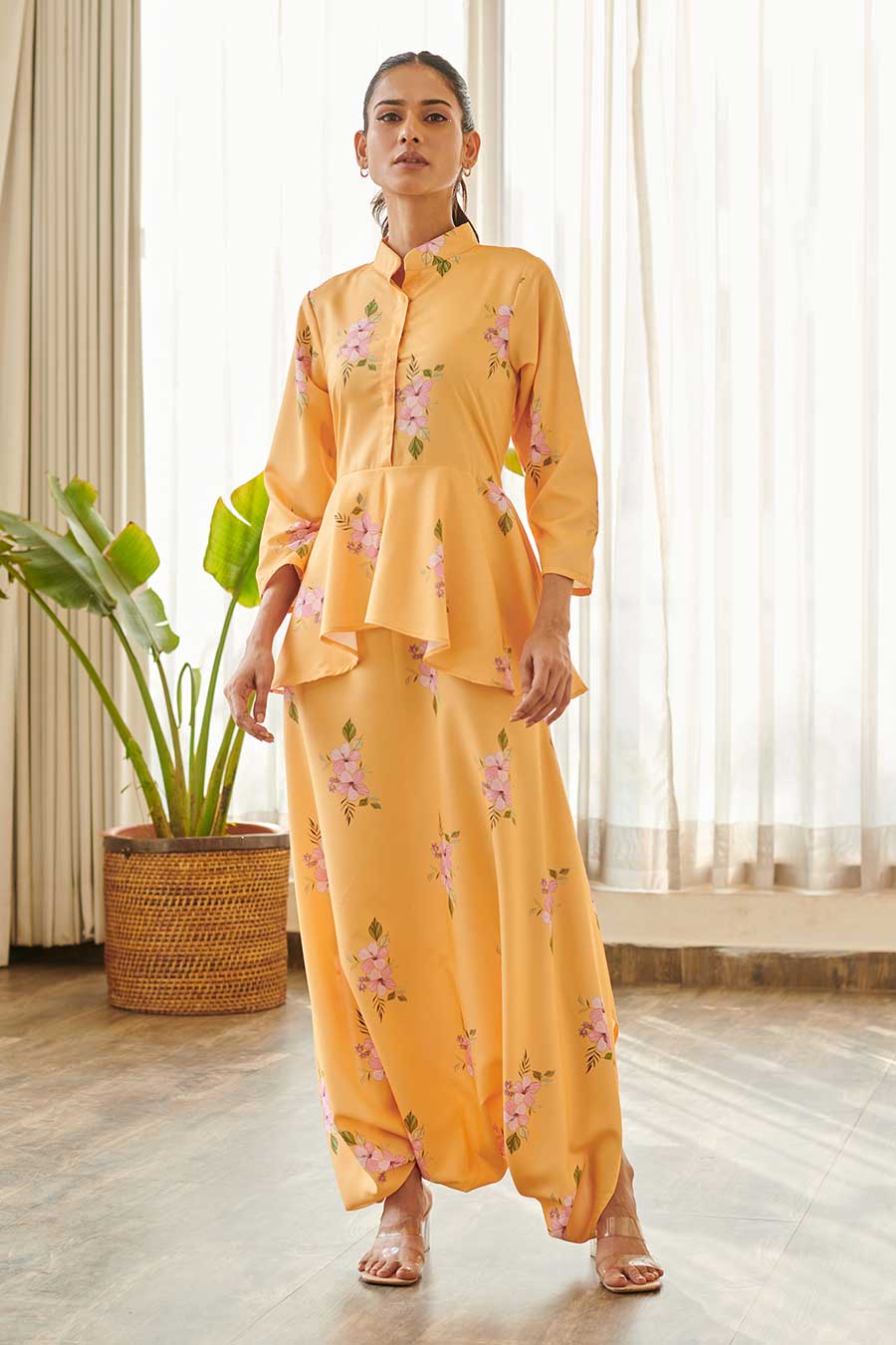 Yellow Floral Print Peplum Dhoti Jumpsuit