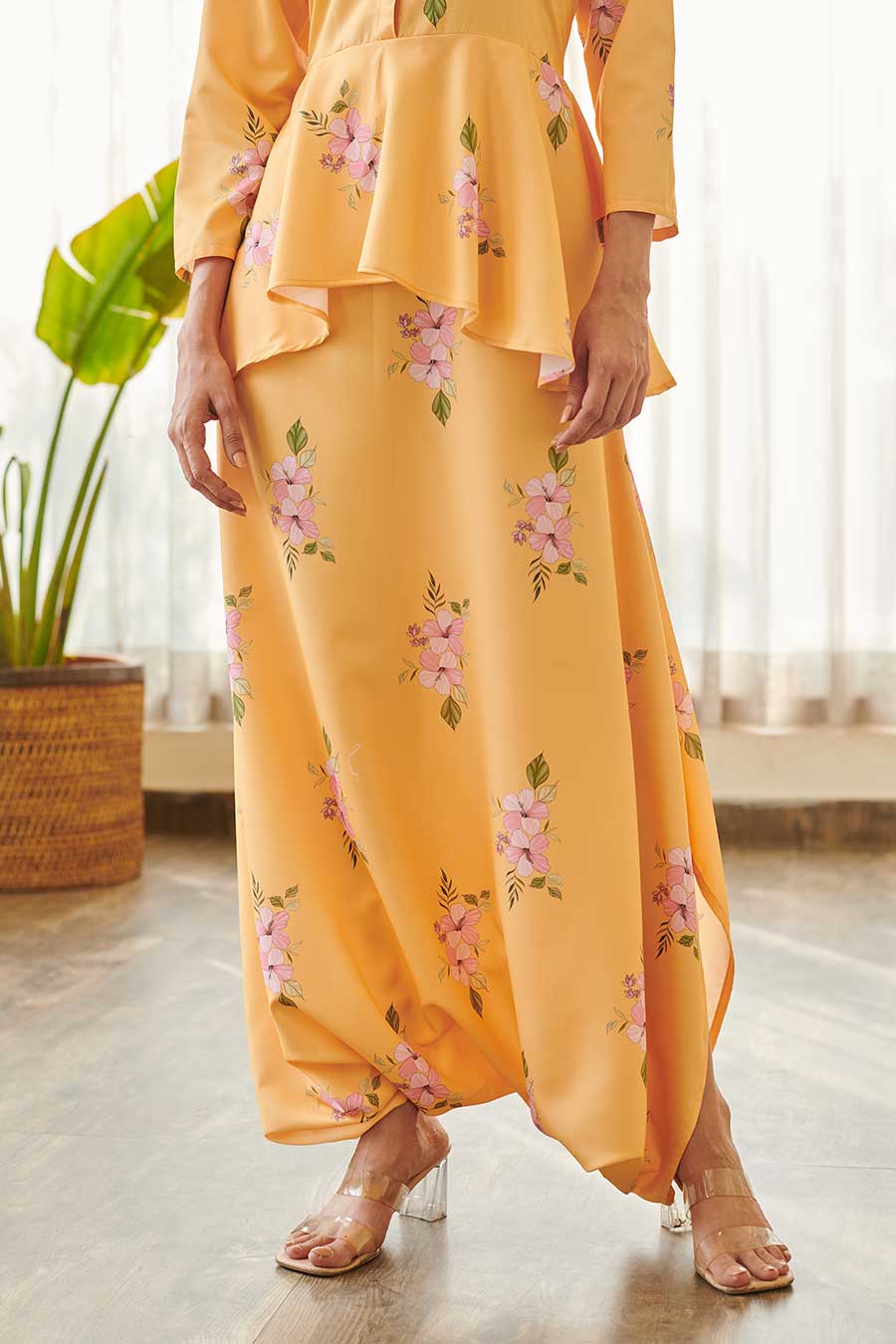 Yellow Floral Print Peplum Dhoti Jumpsuit