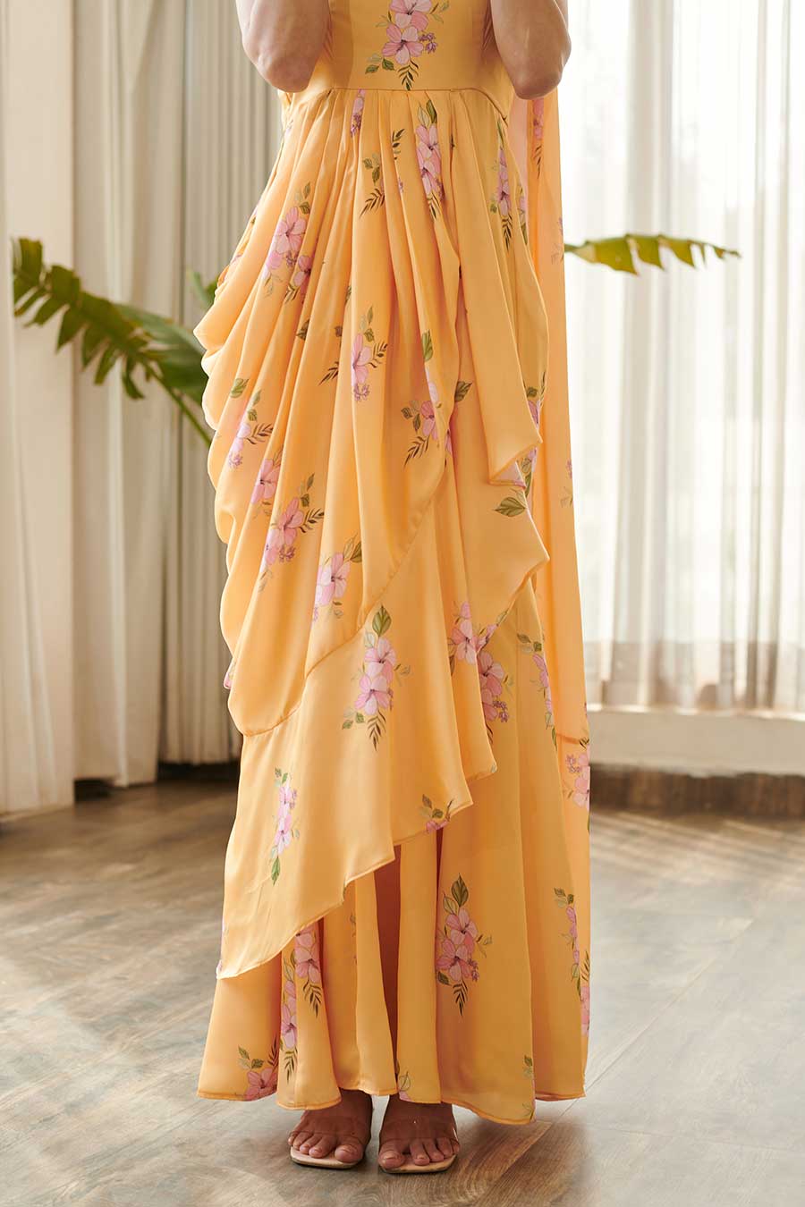 Yellow Floral Print Ruffle Saree Dress