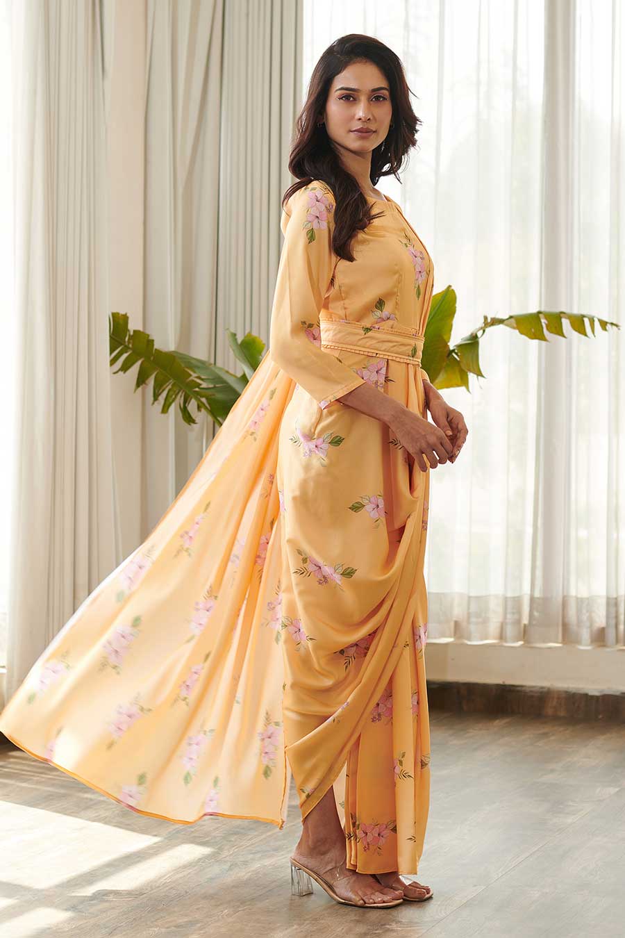 Yellow Floral Print Draped Saree Dress