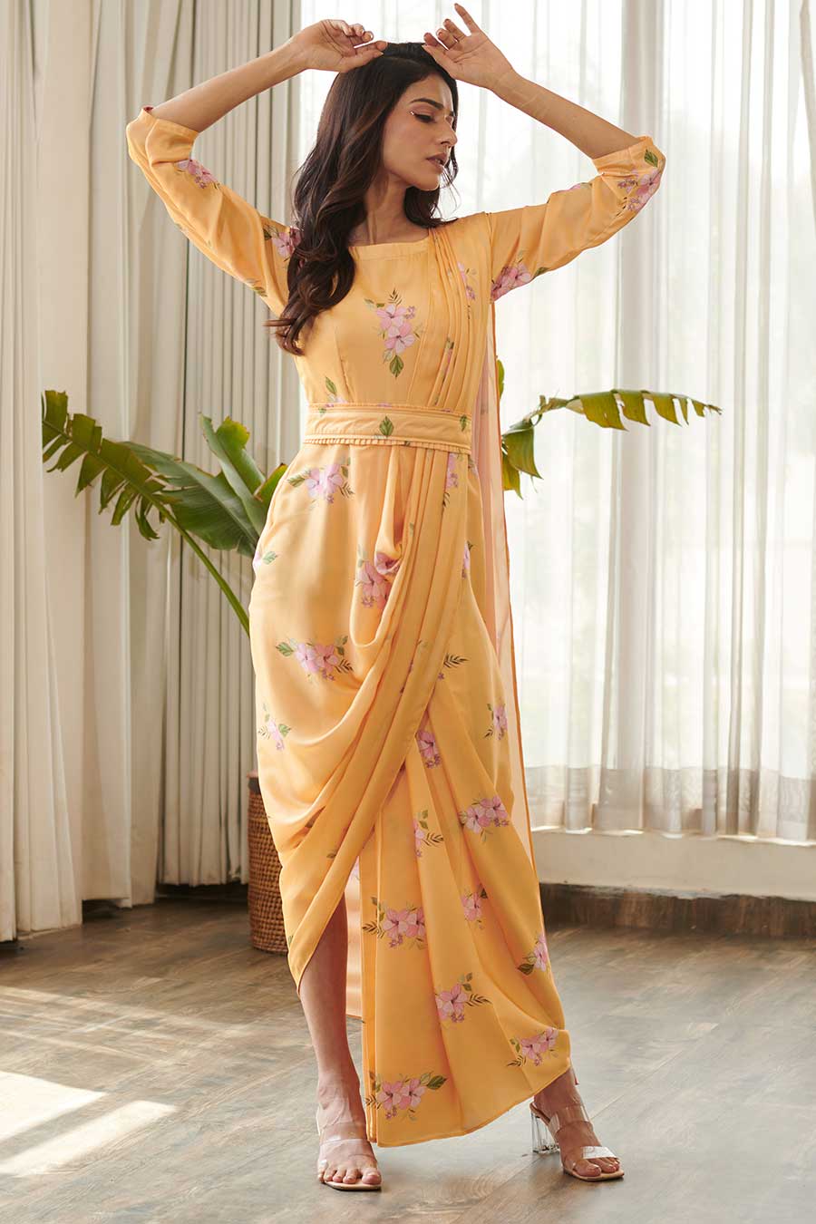 Yellow Floral Print Draped Saree Dress