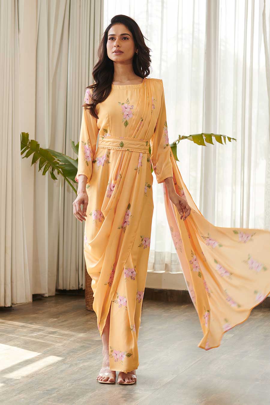 Yellow Floral Print Draped Saree Dress