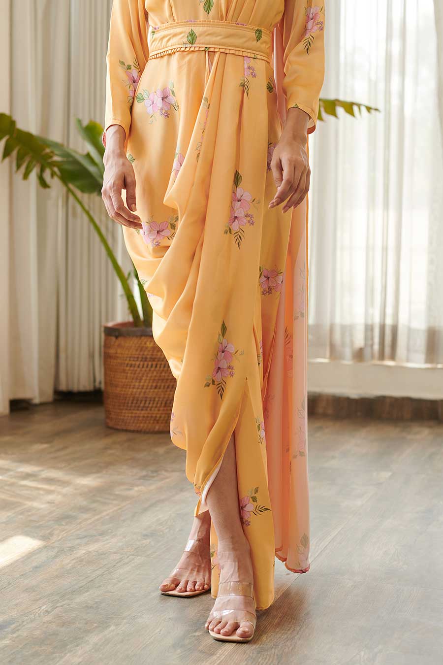 Yellow Floral Print Draped Saree Dress