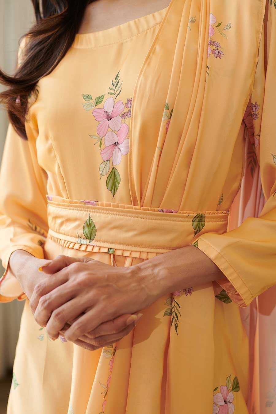 Yellow Floral Print Draped Saree Dress