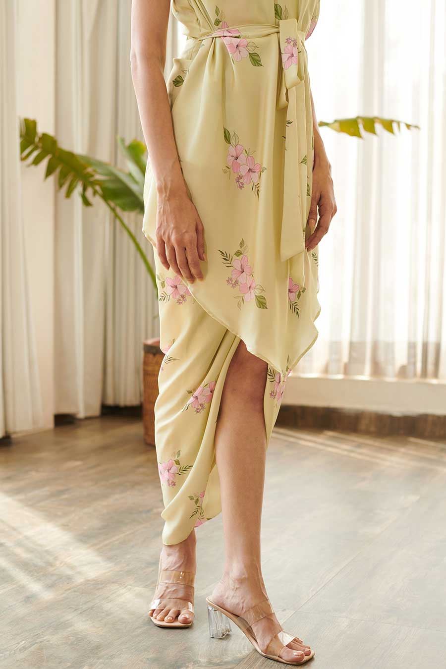 Summer Green Floral Print Draped Dress