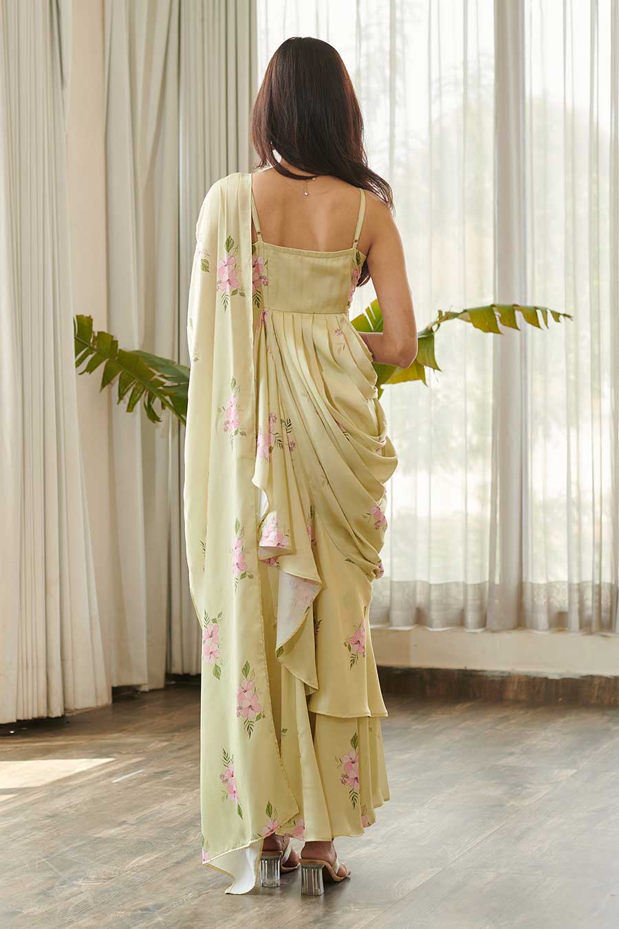 Summer Green Floral Print Ruffle Saree Dress