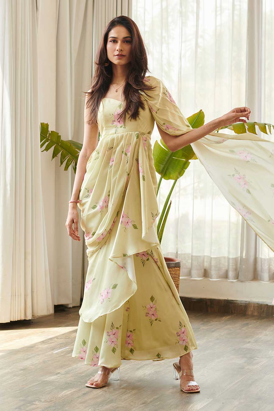 Summer Green Floral Print Ruffle Saree Dress