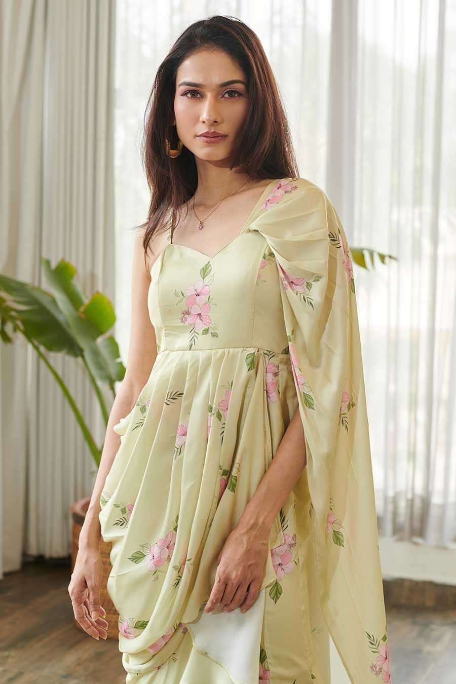 Summer Green Floral Print Ruffle Saree Dress