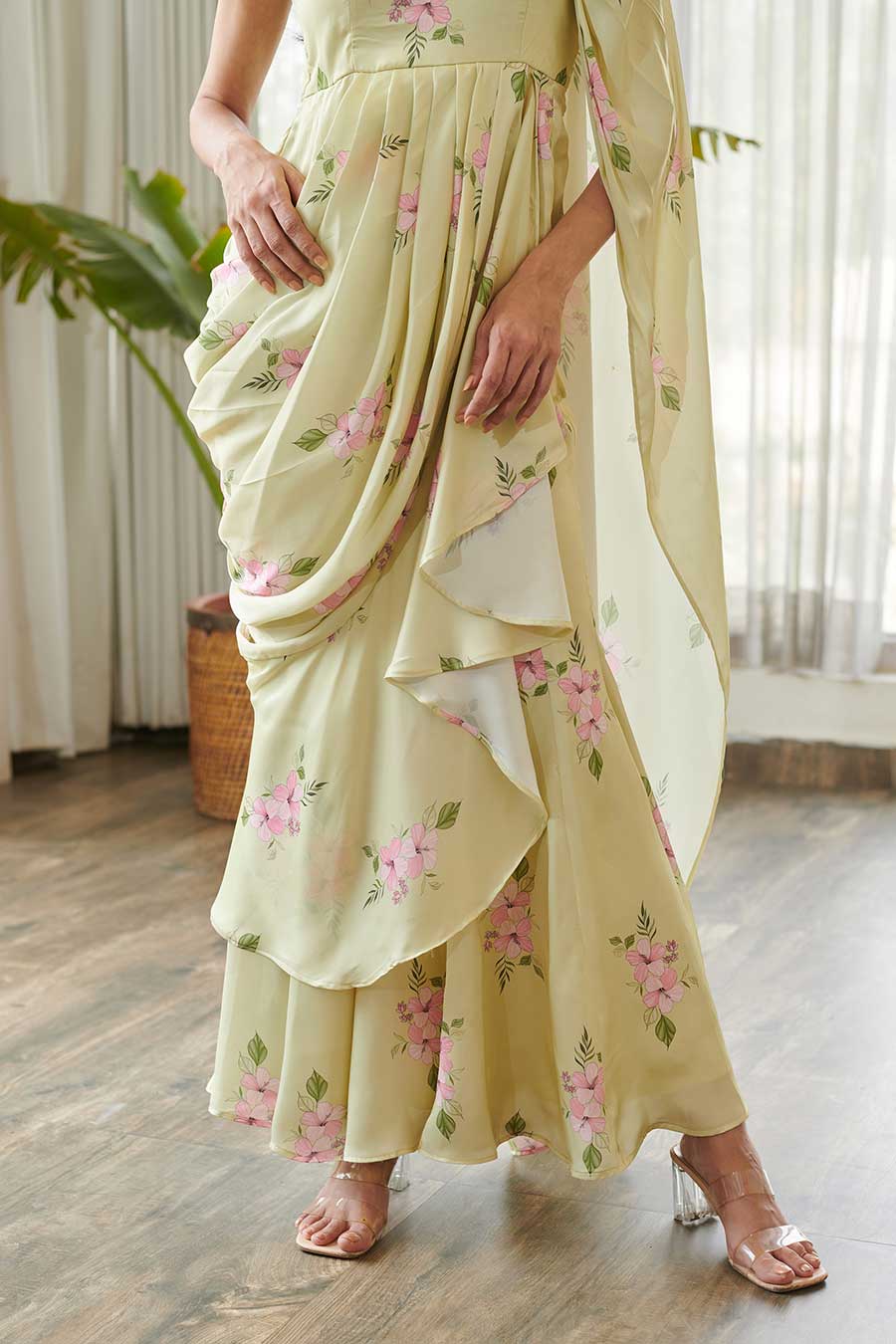 Summer Green Floral Print Ruffle Saree Dress