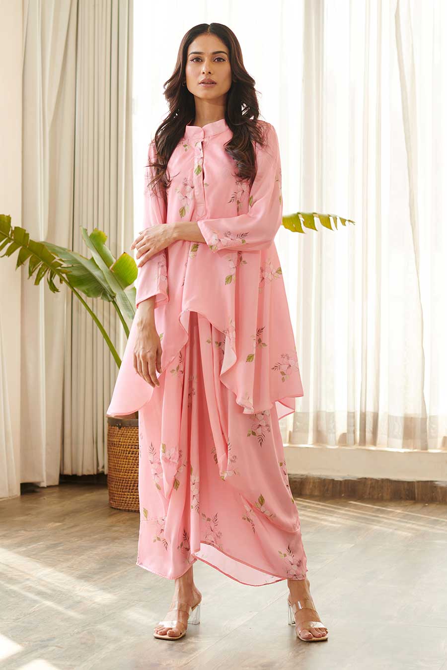 Pink Floral Print Kurti-Dhoti Dress