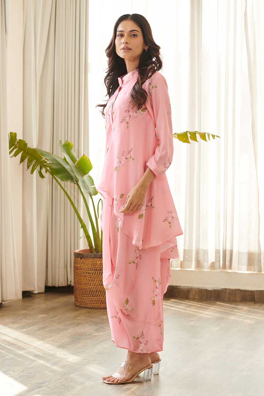 Pink Floral Print Kurti-Dhoti Dress