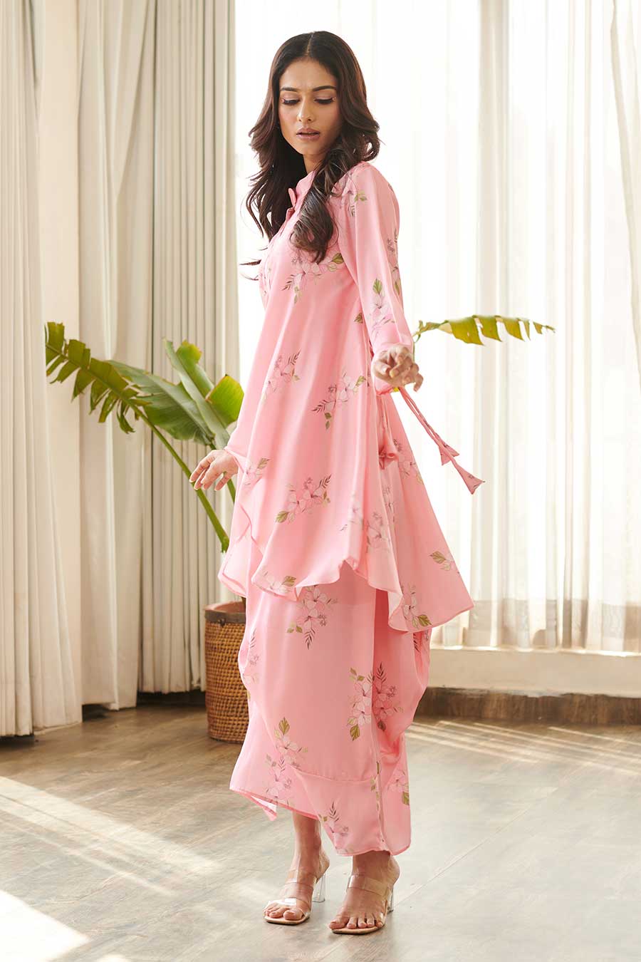 Pink Floral Print Kurti-Dhoti Dress