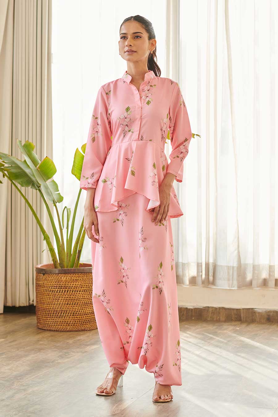 Pink Floral Print Peplum Dhoti Jumpsuit