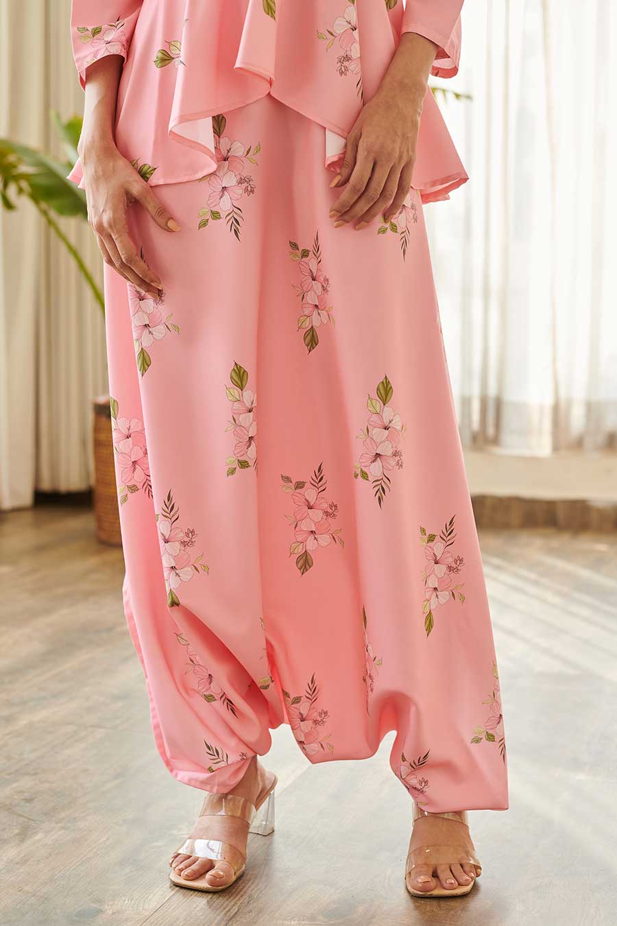 Pink Floral Print Peplum Dhoti Jumpsuit