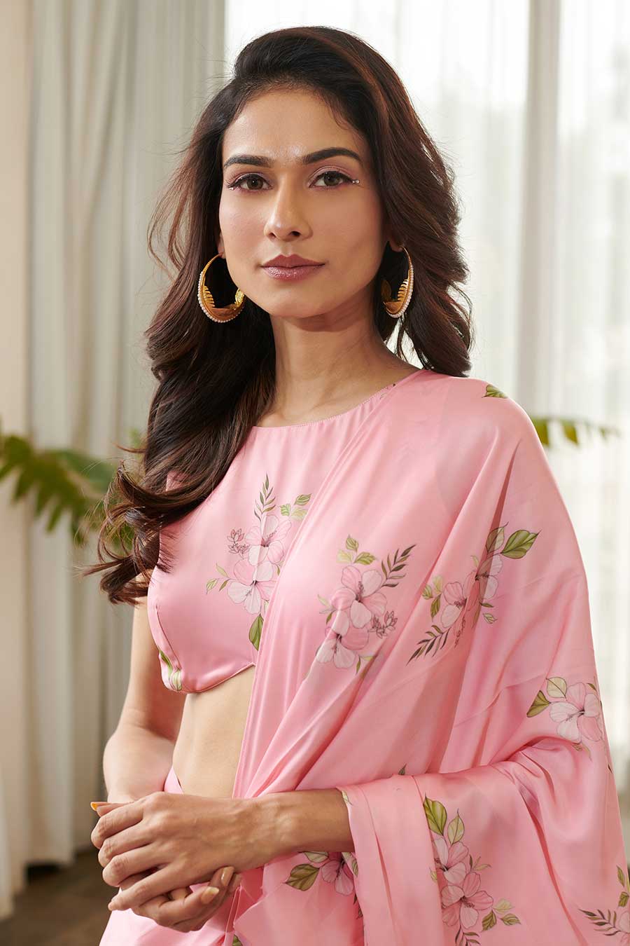 Pink Floral Print Pre-Draped Saree Set