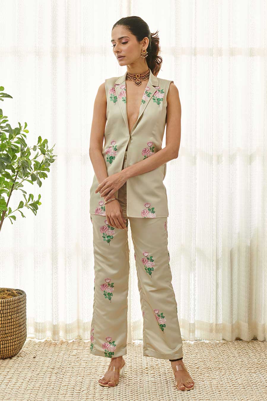 Moss Green Floral Printed Blazer & Pant Set