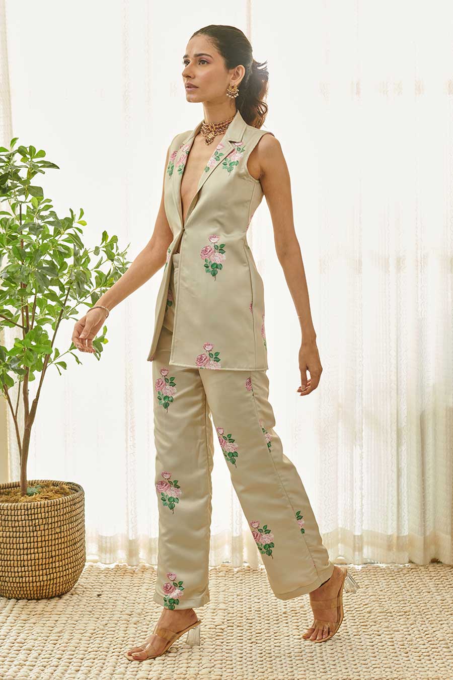 Moss Green Floral Printed Blazer & Pant Set