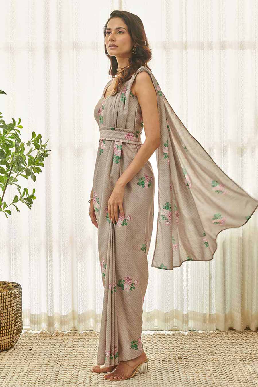 Mocha Brown Polka Dot Saree Dress