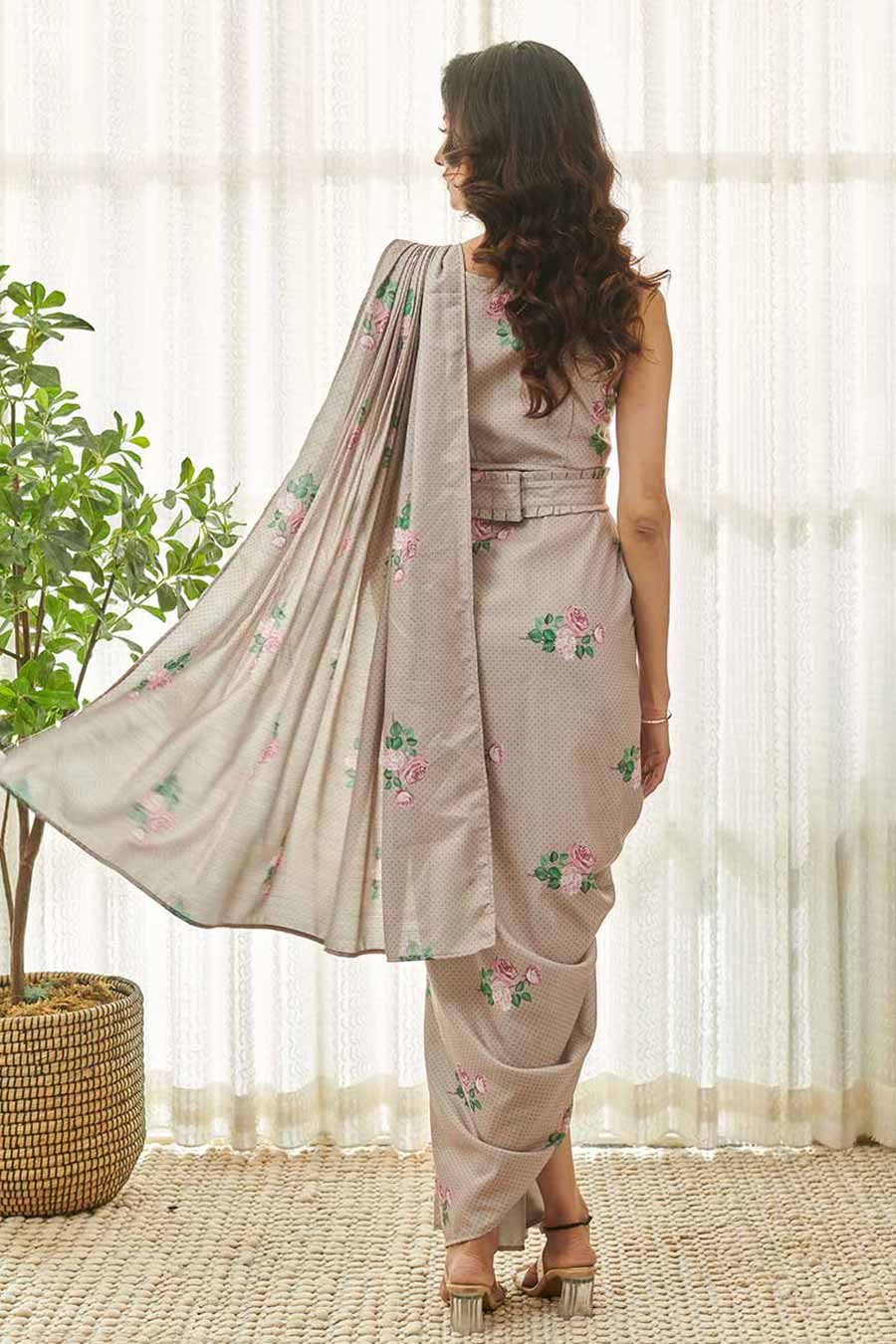 Mocha Brown Polka Dot Saree Dress