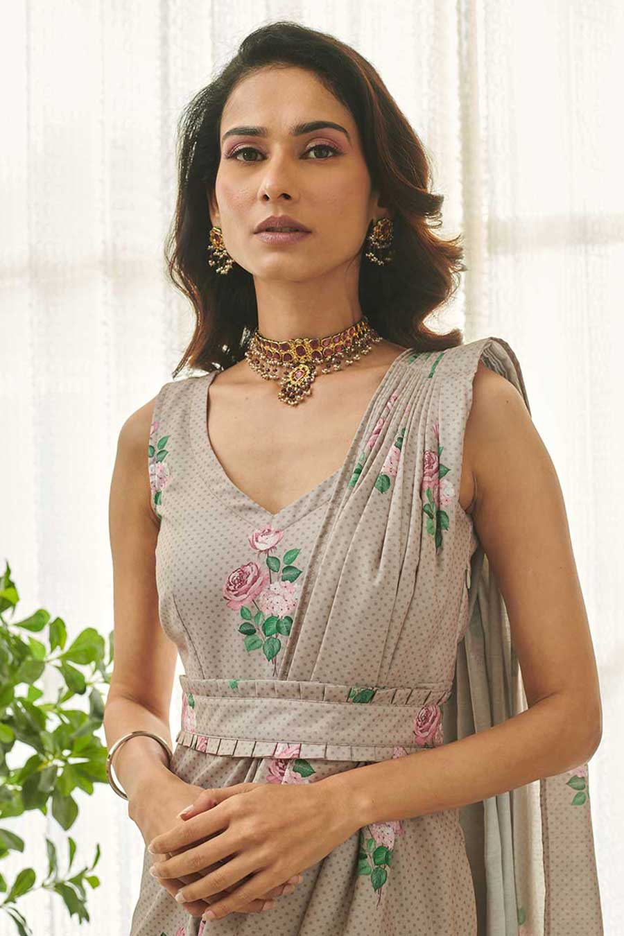 Mocha Brown Polka Dot Saree Dress