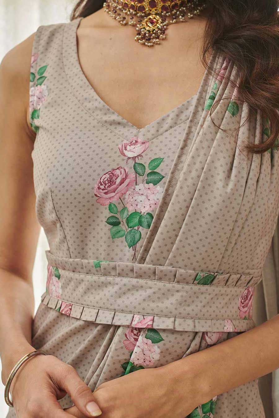 Mocha Brown Polka Dot Saree Dress
