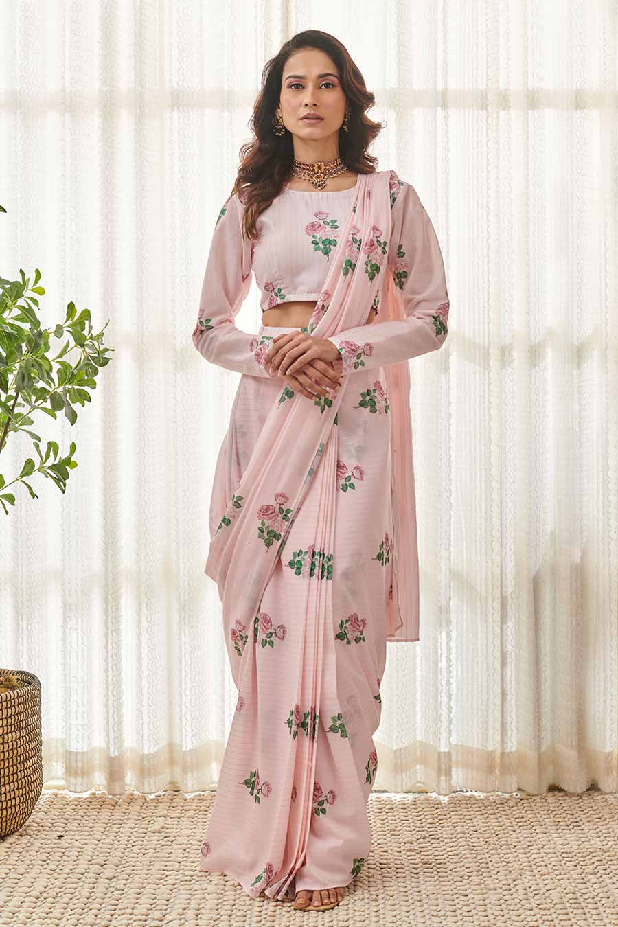 Sweet Pink Floral Printed Pre-Draped Saree Set