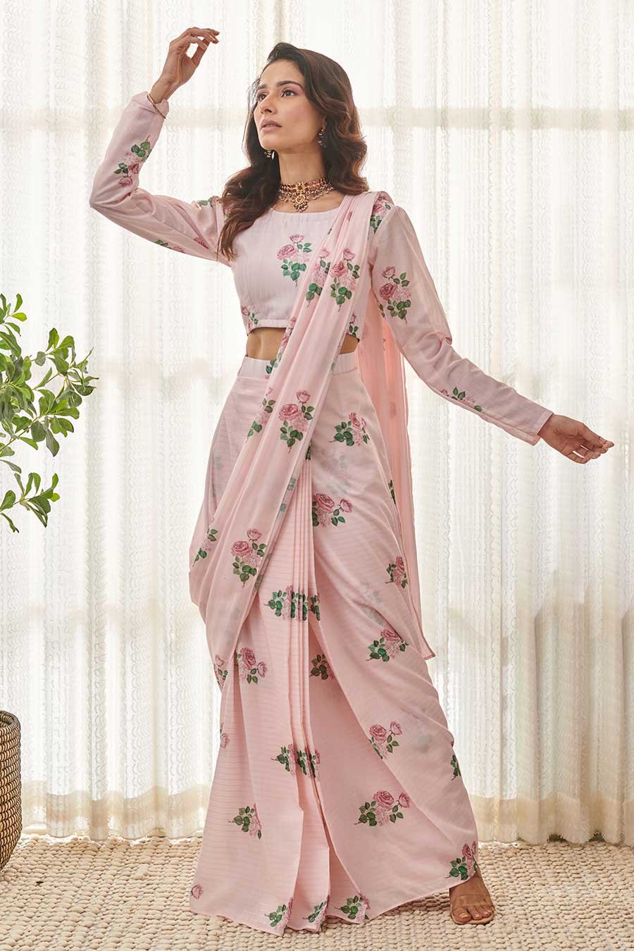 Sweet Pink Floral Printed Pre-Draped Saree Set