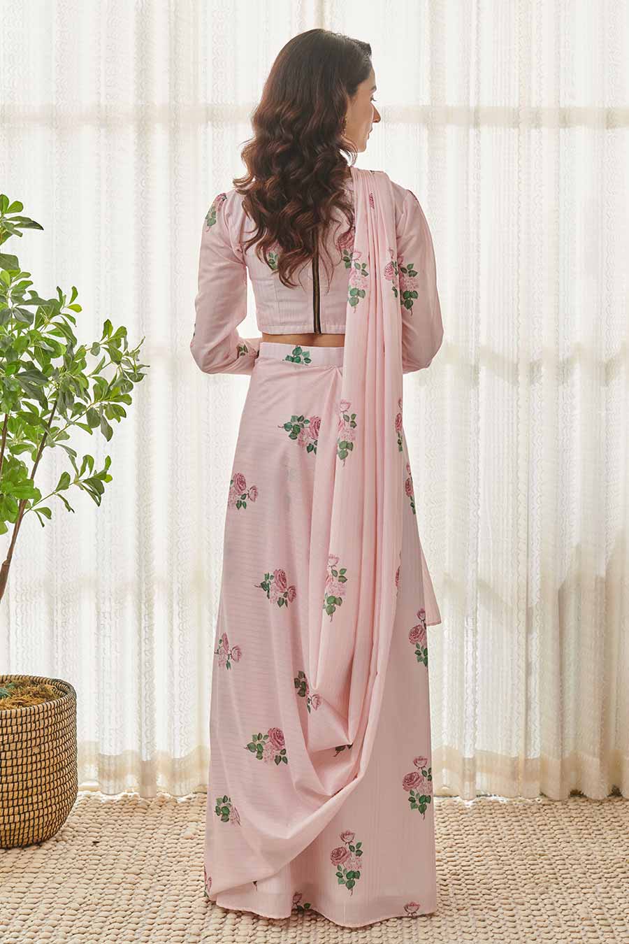 Sweet Pink Floral Printed Pre-Draped Saree Set