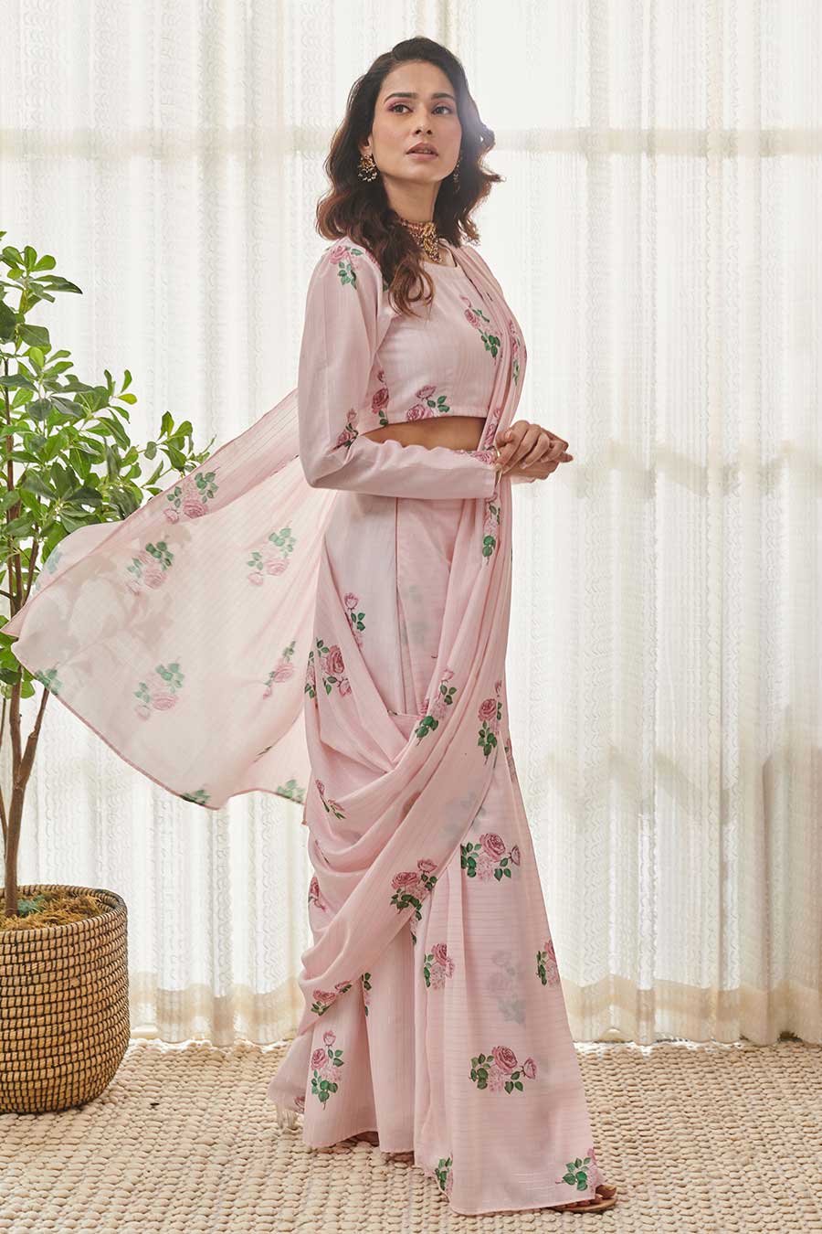 Sweet Pink Floral Printed Pre-Draped Saree Set