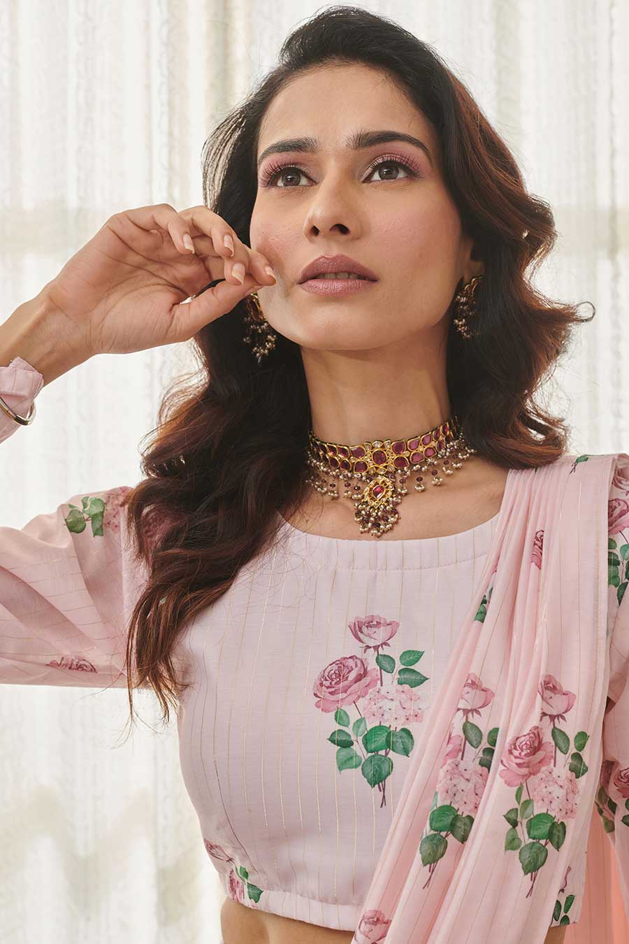 Sweet Pink Floral Printed Pre-Draped Saree Set
