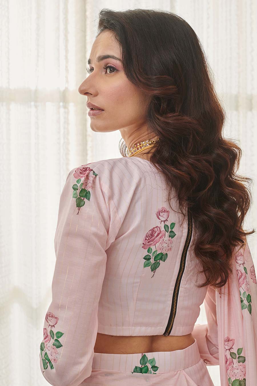 Sweet Pink Floral Printed Pre-Draped Saree Set
