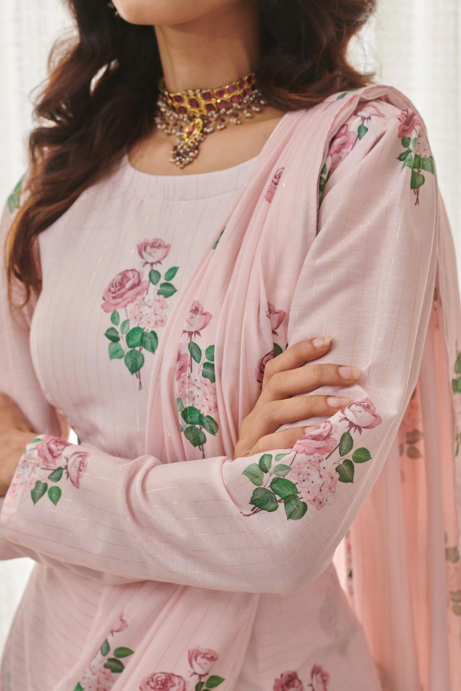 Sweet Pink Floral Printed Pre-Draped Saree Set