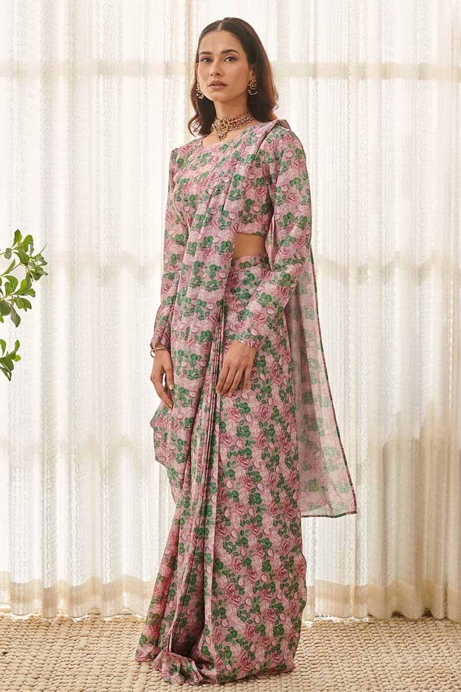 Kobi Pink Floral Printed Pre-Draped Saree Set