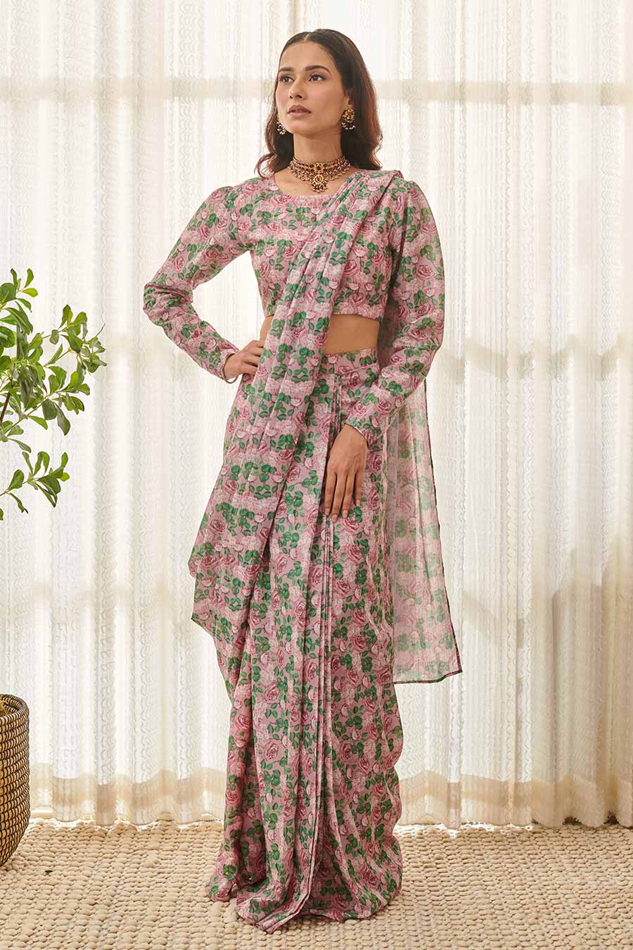 Kobi Pink Floral Printed Pre-Draped Saree Set
