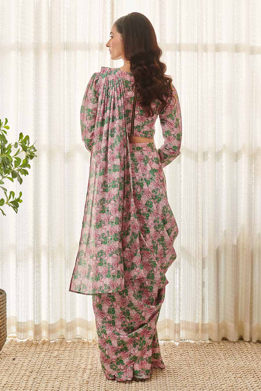 Kobi Pink Floral Printed Pre-Draped Saree Set