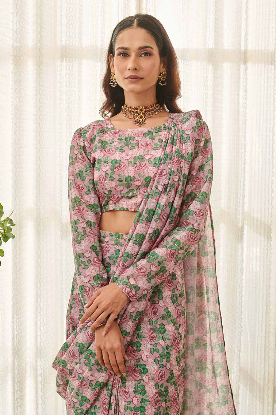 Kobi Pink Floral Printed Pre-Draped Saree Set