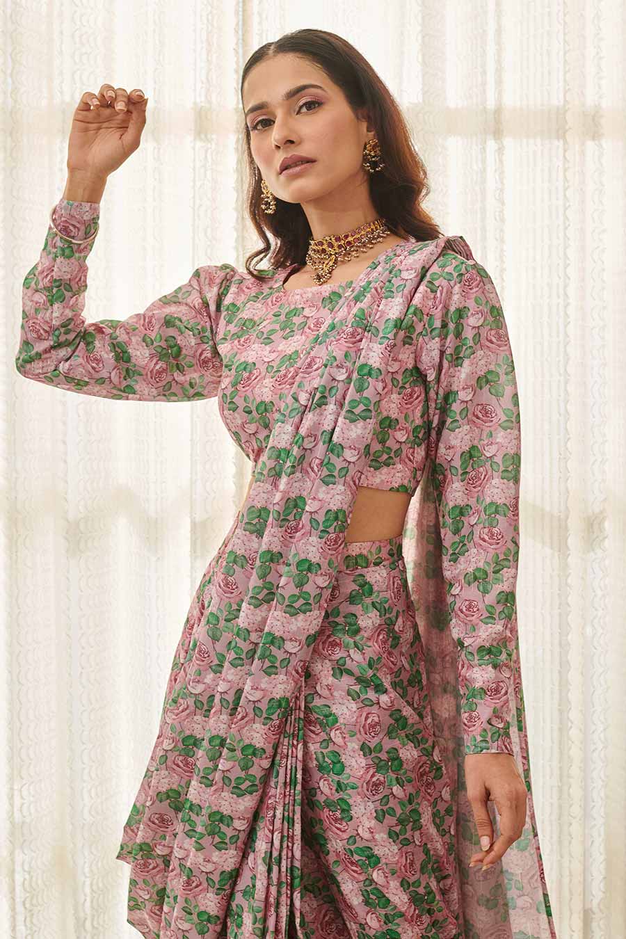 Kobi Pink Floral Printed Pre-Draped Saree Set