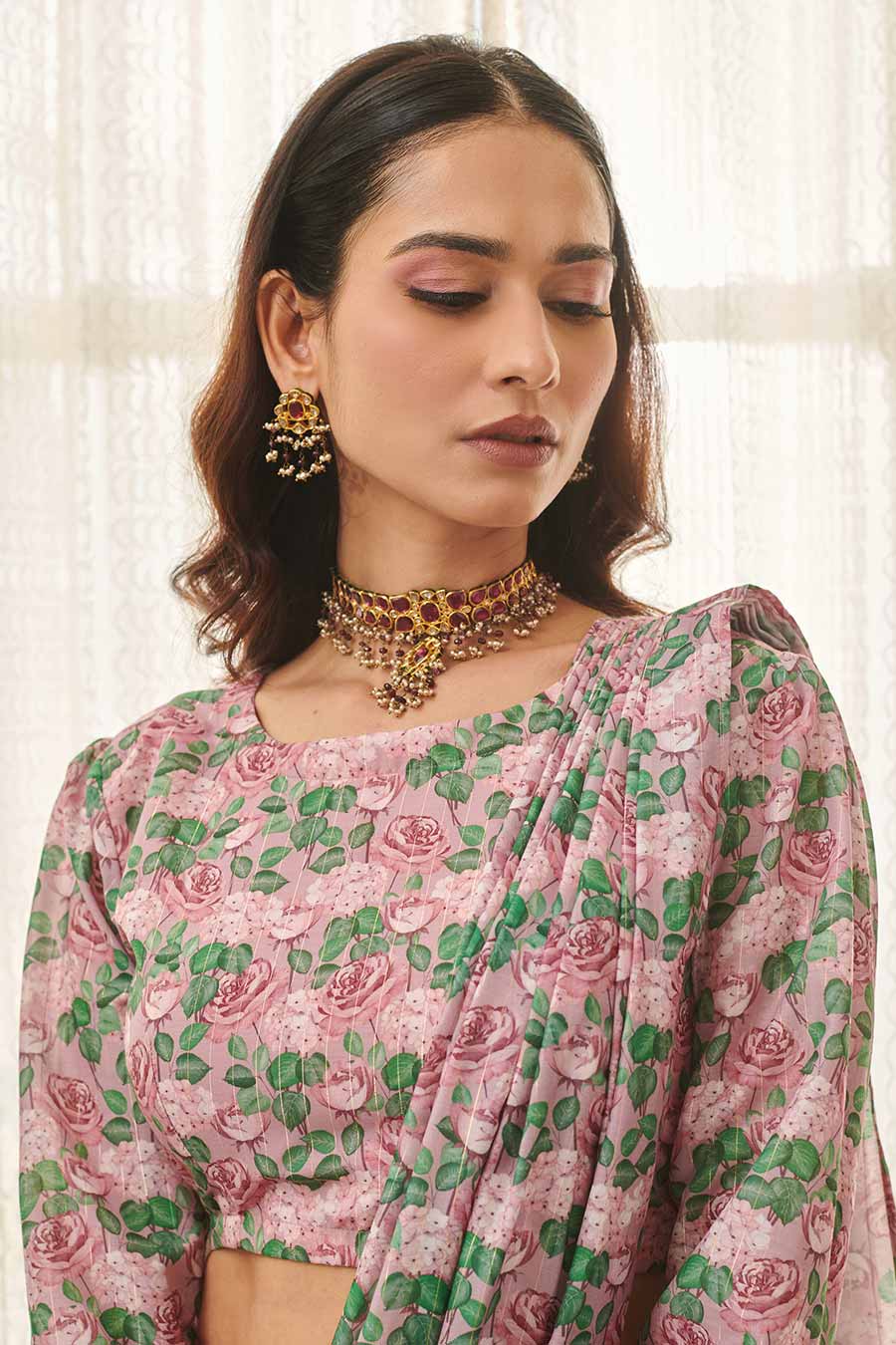 Kobi Pink Floral Printed Pre-Draped Saree Set