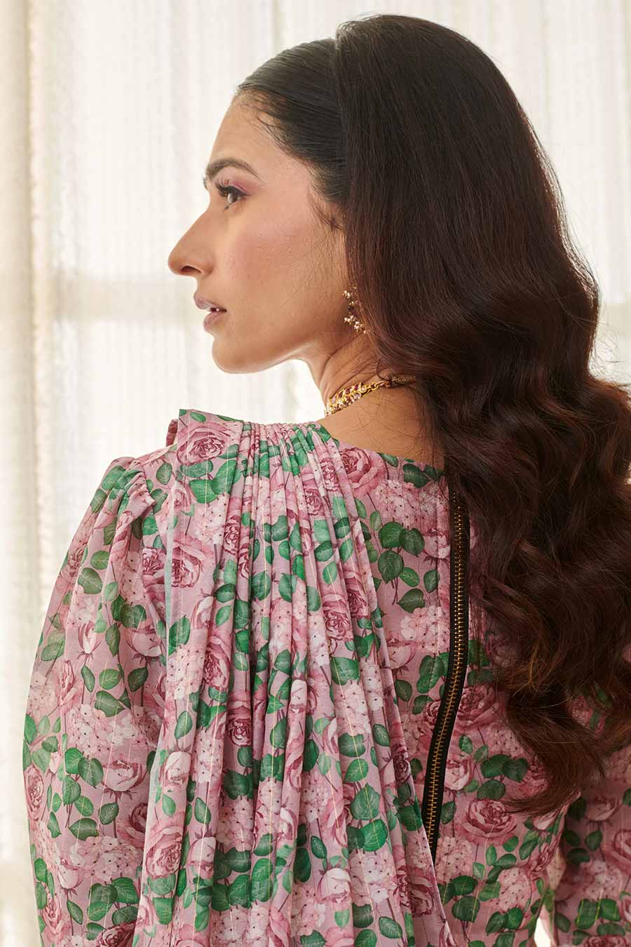 Kobi Pink Floral Printed Pre-Draped Saree Set