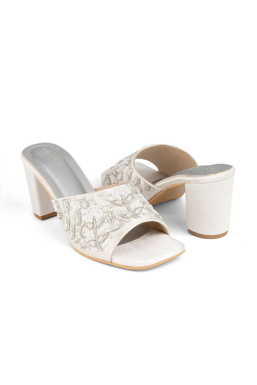 Silver Embroidered Block Heels