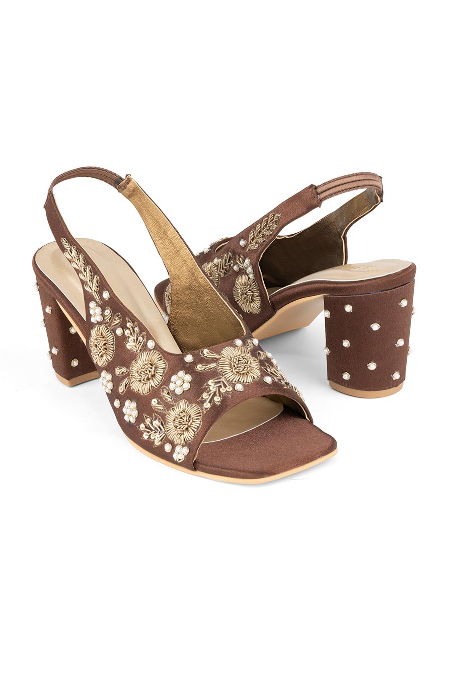 Brown Embroidered Block Heel Sandals
