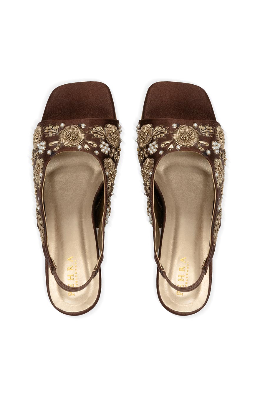 Brown Embroidered Block Heel Sandals