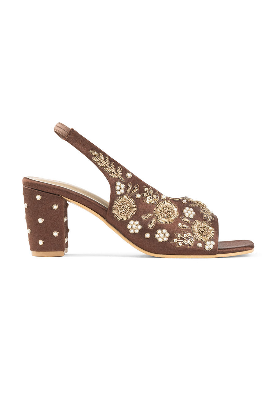 Brown Embroidered Block Heel Sandals