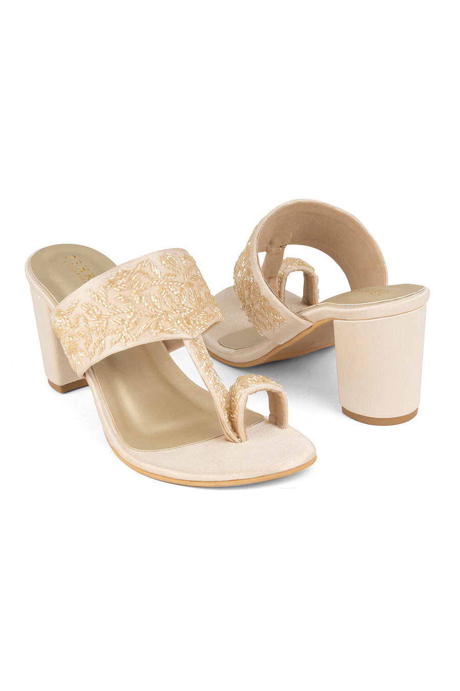 Beige Embroidered Kolhapuri Block Heels