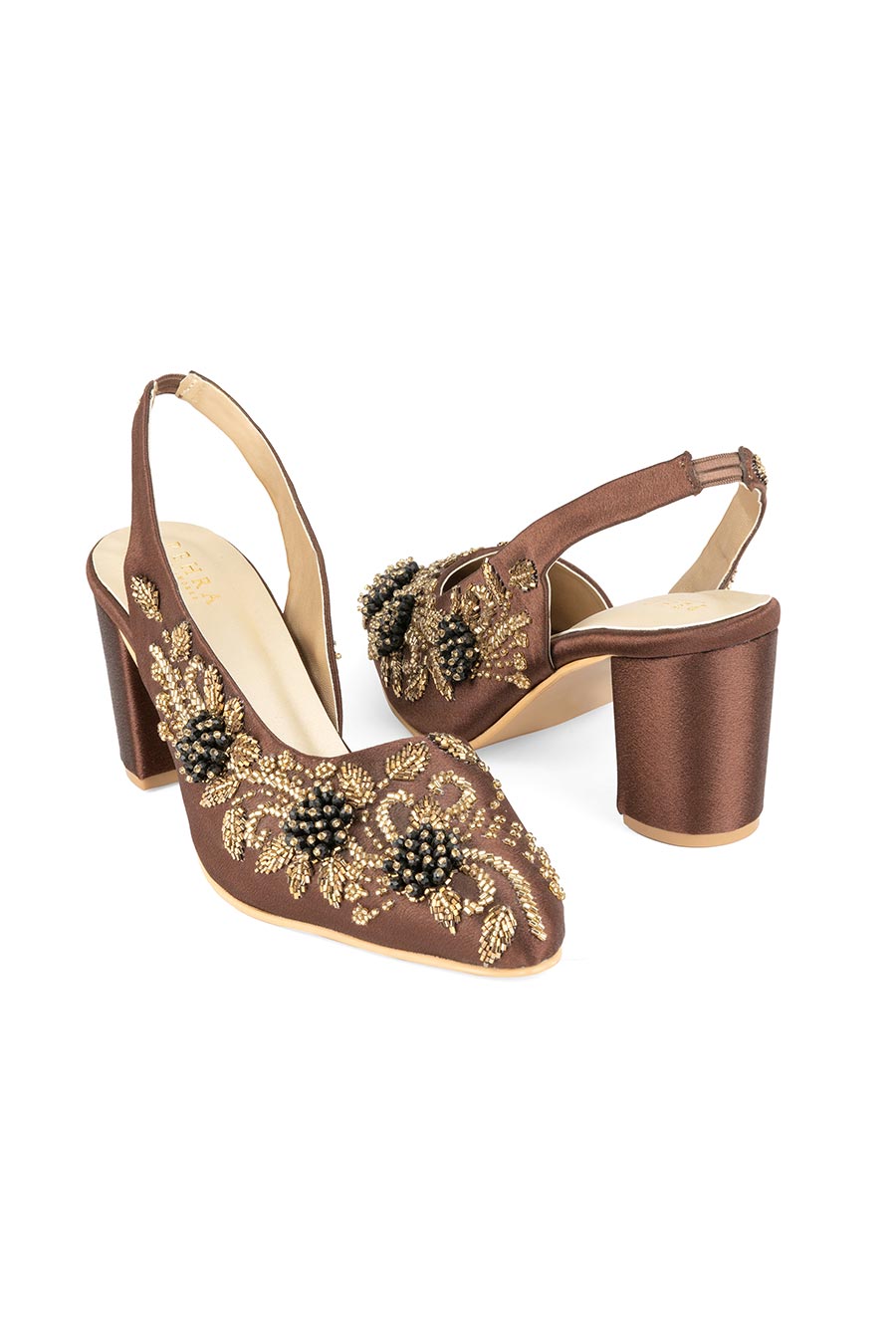 Brown One-Side Embroidered Block Heel Sandals