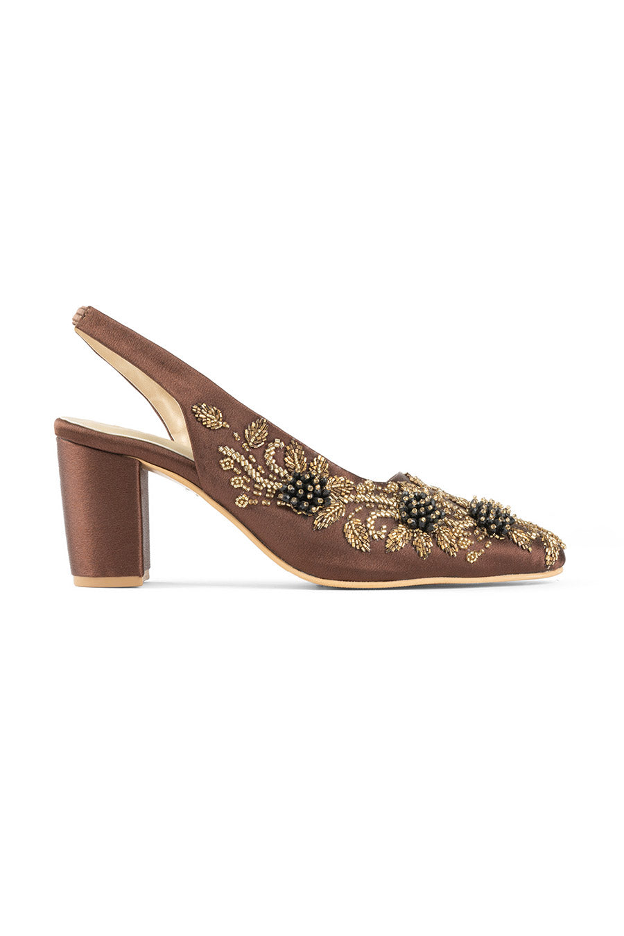Brown One-Side Embroidered Block Heel Sandals