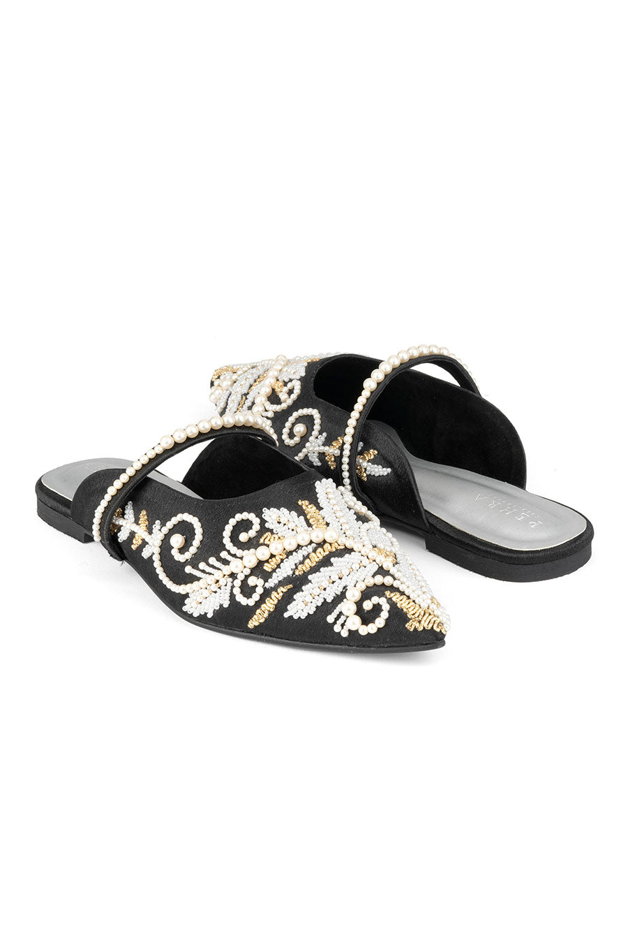 Black One-Side Embroidered Flat Mules