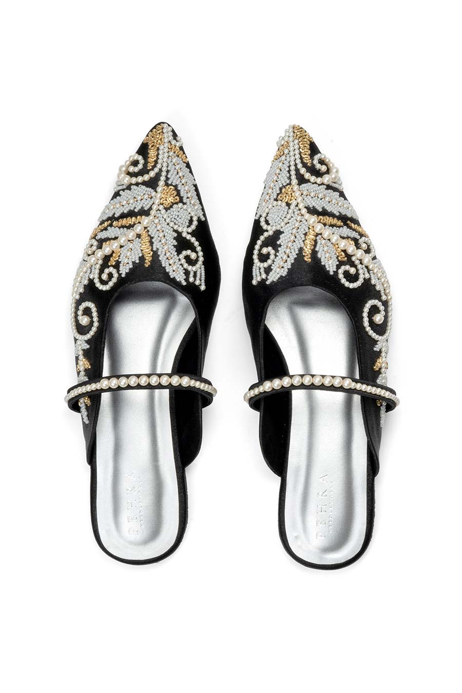 Black One-Side Embroidered Flat Mules