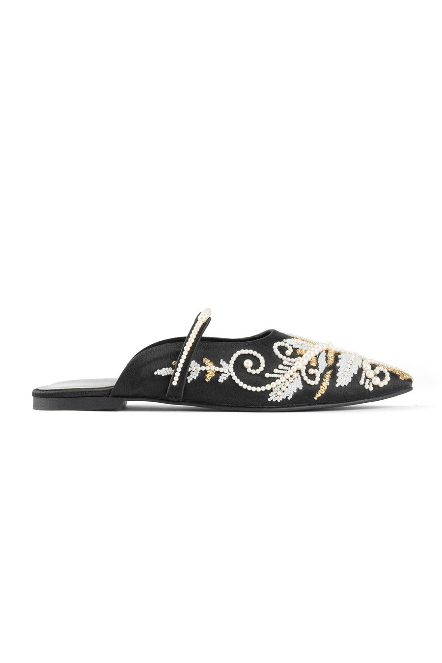 Black One-Side Embroidered Flat Mules