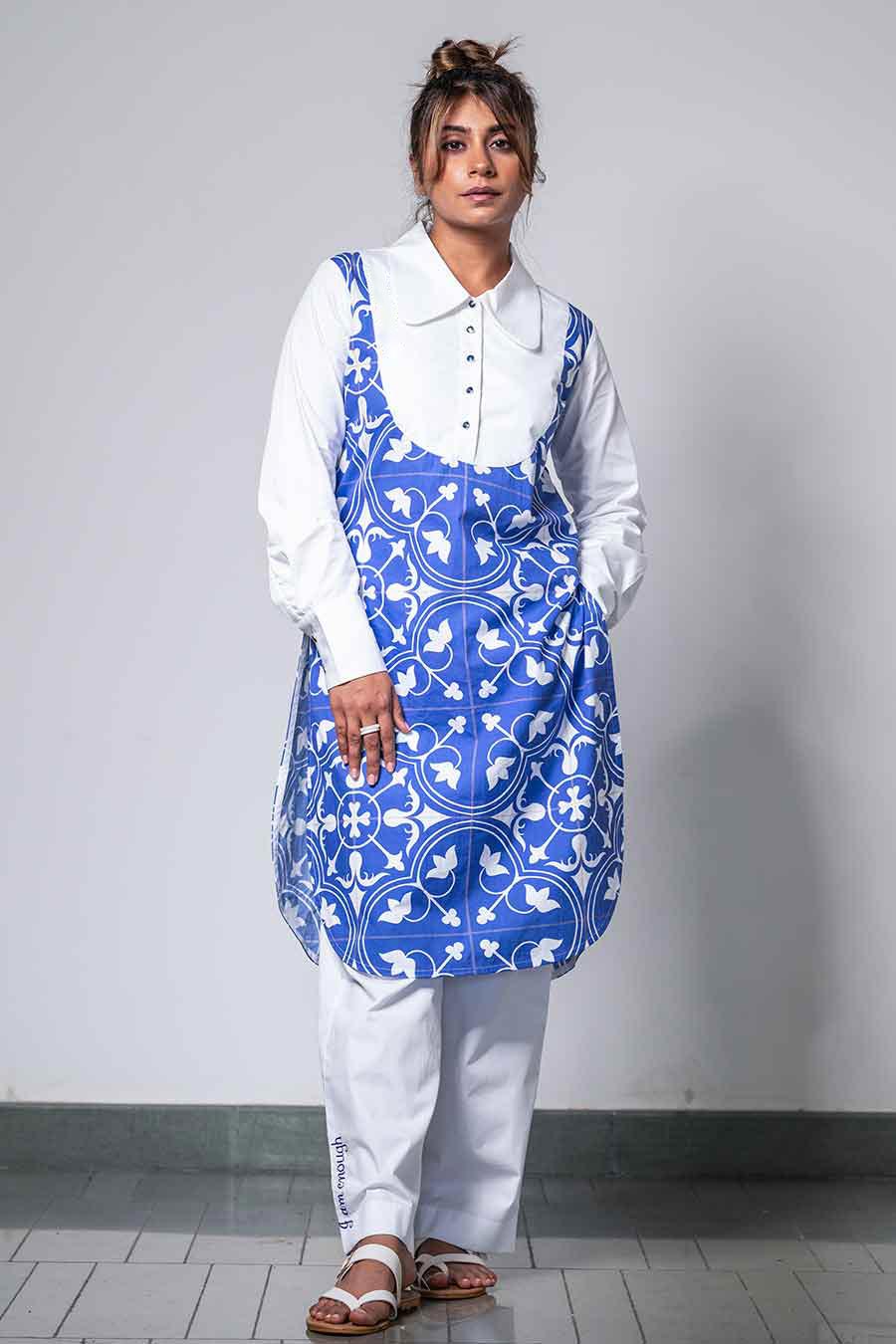 White & Blue Printed Collared Kurta Set